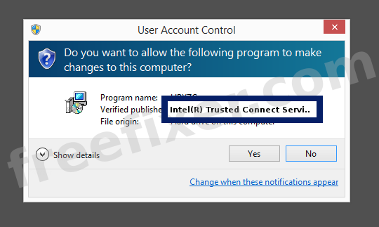 Screenshot where Intel(R) Trusted Connect Service appears as the verified publisher in the UAC dialog